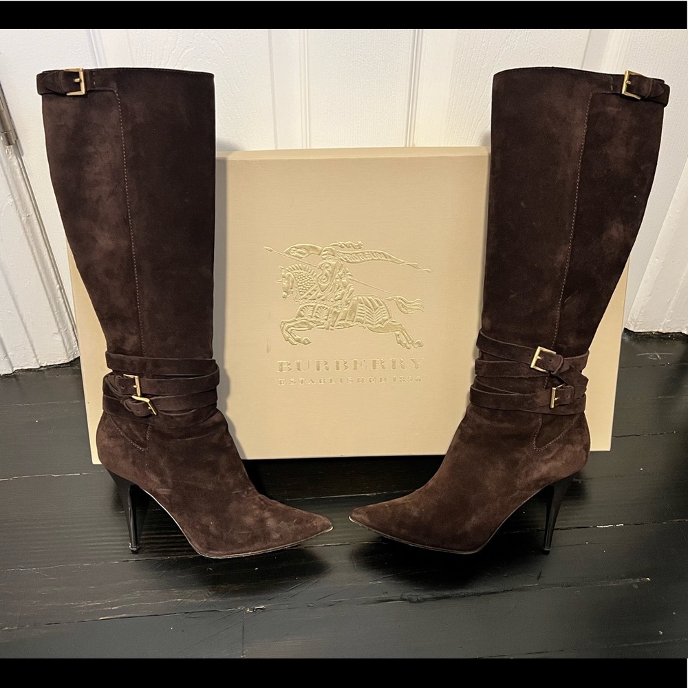 To-die-for chocolate suede authentic Burberry tall boots